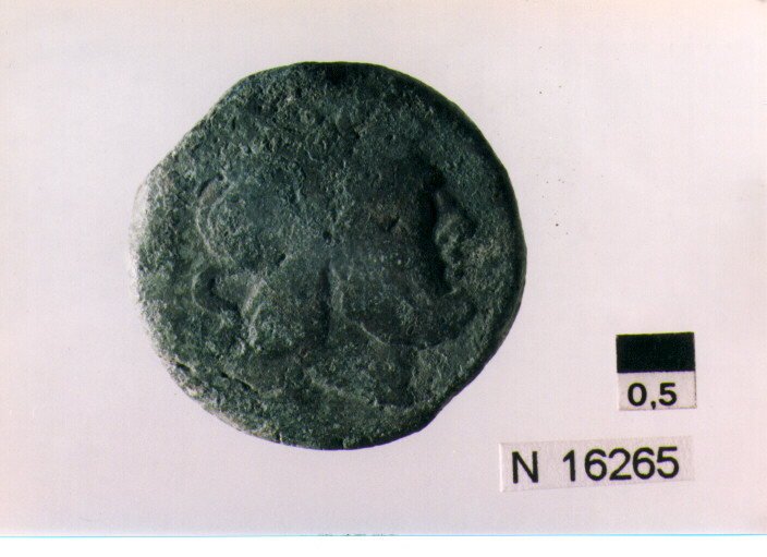 R/ testa di Giove laureato a destra dietro segno del valore; V/ prua di nave a destra sopra segno del valore, sotto iscrizione (moneta, semisse) (sec. III a.C)