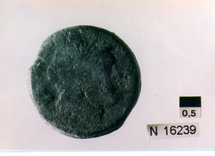 R/ testa di Giove laureata a destra, dietro segno del valore; V/ prua di nave a destra, sopra segno del valore, sotto iscrizione (moneta, semisse) (sec. III a.C)