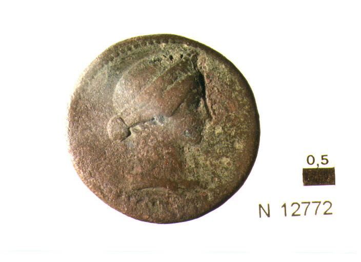R/ busto della Giustizia diademata e drappeggiata a destra; V/ iscrizionenel campo (moneta, dupondio) (sec. I d.C)