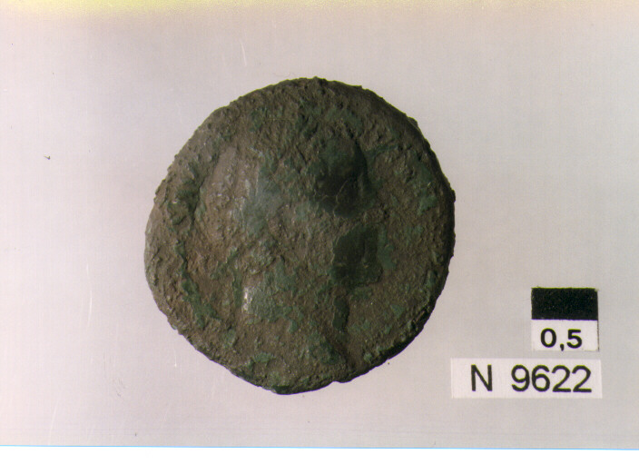 R: testa di Antonino Pio a destra laureata/ V: Felicitas drappeggiata conlungo caduceo nella mano (moneta, asse) (sec. II d.C)