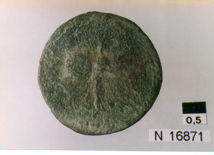 testa nuda di Nerone a destra/ V: Vittoria alata che tiene con le mani loscudo (moneta, asse) (sec. I d.C)