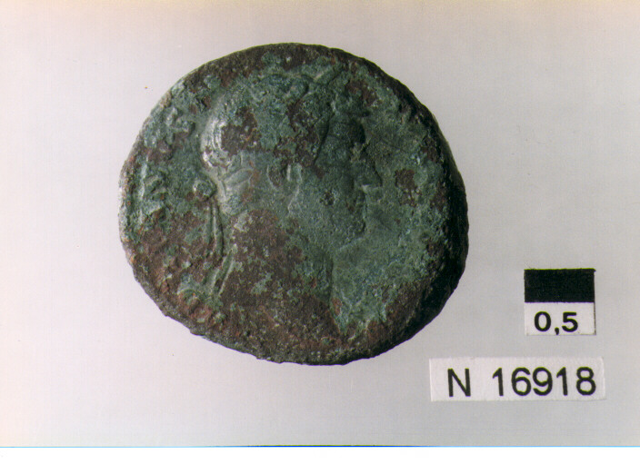 R: testa laureata di Adriano (?) a destra / V: Minerva (?) stante con lo scudo nella sinistra S C ai lati in basso (moneta, asse) (sec. II d.C)