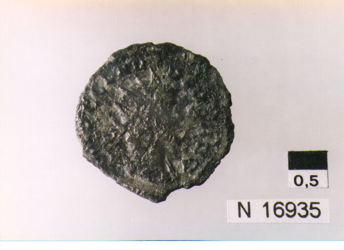 R: busto drappeggiato, radiato e corazzato di Claudio II a destra /V: figura femminile, Felicitas, stante a sinistra con cornucopia e caduceo (moneta, antoniniano) (sec. III d.C)