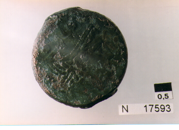 R:effige di Mercurio a destra,in alto a sinistra due globetti/ V:prua di nave,sopra Roma,sotto due globetti (moneta, sestante) (sec. III a.C)