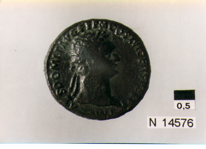 R: testa radiata di Domiziano a destra/ V: Fortuna drappeggiata stante verso sinistra con cornucopia nella sinistra e timone nella destra; S C ai lati (moneta, dupondio) (sec. I d.C)