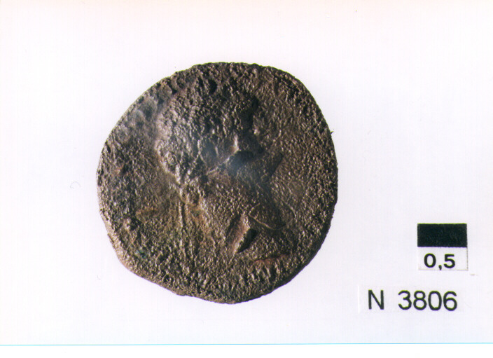 R/ testa laureata di Domiziano(?) a destra; V/ figura femminile, Providentia Fortuna(?) stante a sinistra con cornucopia e spighe di grano(?) (moneta, asse) (sec. I d.C)