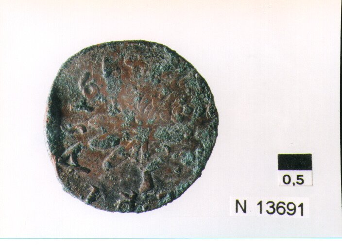 R/ scudo coronato; V/ tre spighe legate a un ramo d'olivo (moneta, pubblica del popolo) (sec. XVII d.C)