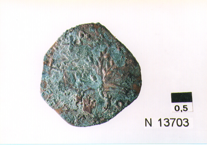 R/ scudo coronato contenente fascia iscritta; V/ tre spighe legate a un ramo d'olivo, sotto lettera (moneta, pubblica del popolo) (sec. XVII d.C)