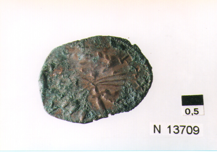 R/ scudo coronato contenente fascia iscritta; V/ tre spighe legate a un ramo d'olivo (moneta, pubblica del popolo) (sec. XVII d.C)