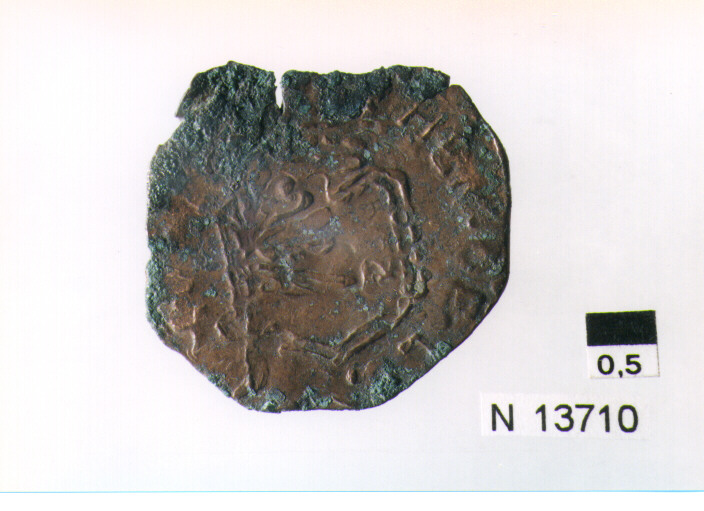 R/ scudo coronato contenente fascia iscritta; V/ tre spighe legate a un ramo d'olivo (moneta, pubblica del popolo) (sec. XVII d.C)