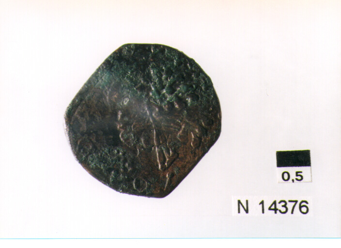 R/ scudo coronato contenente fascia iscritta; V/ tre spighe legate a un ramo d'olivo (moneta, pubblica del popolo) (sec. XVII d.C)