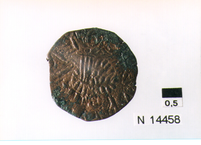 R/ scudo coronato contenente in una fascia iscrizione; V/ tre spighe legate da un ramoscello d'ulivo (moneta, pubblica del popolo) (sec. XVII d.C)