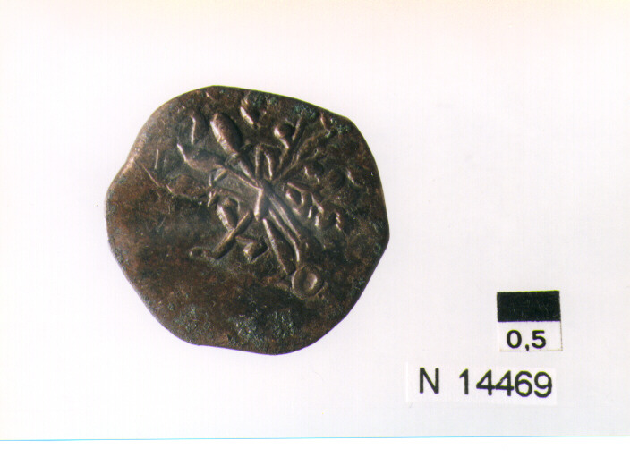 R/ scudo coronato contenente in una fascia iscrizione; V/ tre spighe legate da un ramoscello d'ulivo (moneta, pubblica del popolo) (sec. XVII d.C)