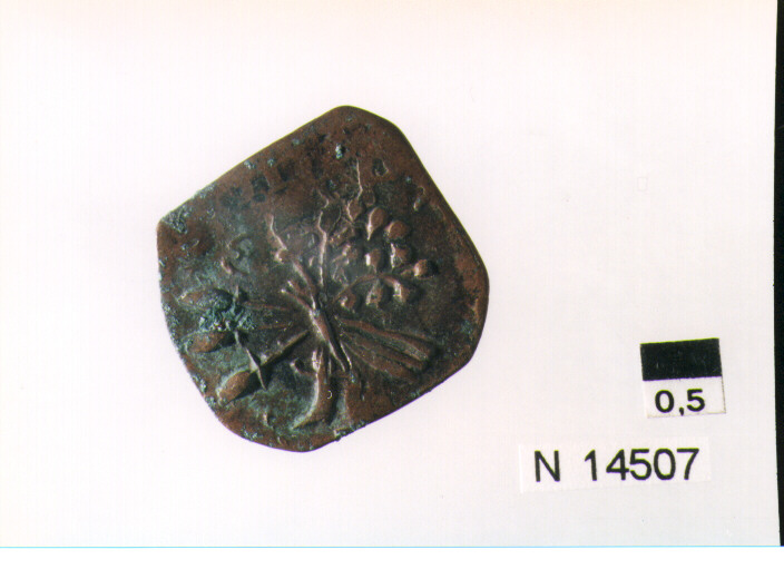 R/ scudo coronato contenente in una fascia iscrizione; V/ tre spighe legate da un ramoscello d'olivo (moneta, pubblica del popolo) (sec. XVII d.C)