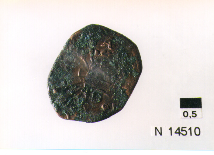 R/ scudo coronato contenente in una fascia iscrizione; V/ tre spighe legate da un ramoscello d'olivo (moneta, pubblica del popolo) (sec. XVII d.C)