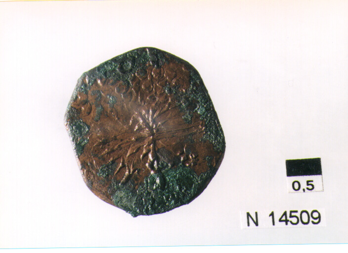 R/ scudo coronato contenente in una fascia iscrizione; V/ tre spighe legate da un ramoscello d'olivo (moneta, pubblica del popolo) (sec. XVII d.C)