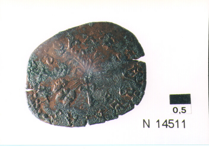 R/ scudo coronato contenente in una fascia iscrizione; V/ tre spighe legate da un ramoscello d'olivo (moneta, pubblica del popolo) (sec. XVII d.C)