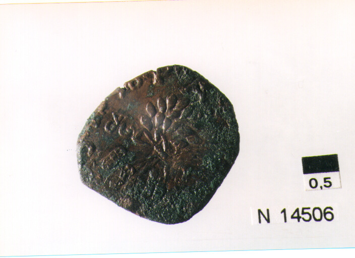 R/ scudo coronato contenente in una fascia iscrizione; V/ tre spighe legate da un ramoscello d'olivo, sopra iscrizione (moneta, pubblica del popolo) (sec. XVII d.C)