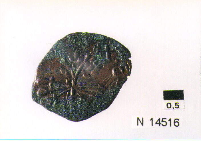 R/ scudo coronato contenente in una fascia iscrizione; V/ tre spighe legate da un ramoscello d'olivo (moneta, pubblica del popolo) (sec. XVII d.C)