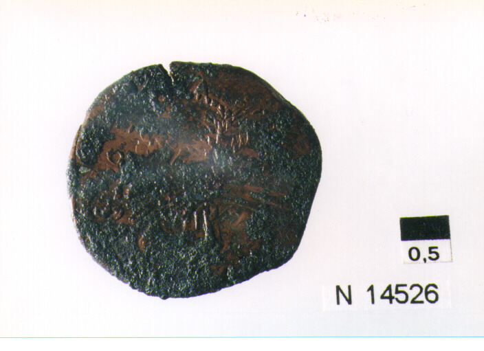 R/ scudo coronato contenente in una fascia iscrizione; V/ tre spighe legate da un ramoscello d'olivo (moneta, pubblica del popolo) (sec. XVII d.C)