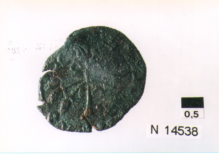 R/ scudo coronato contenente in una fascia iscrizione; V/ tre spighe legate da un ramoscello d'olivo (moneta, pubblica del popolo) (sec. XVII d.C)