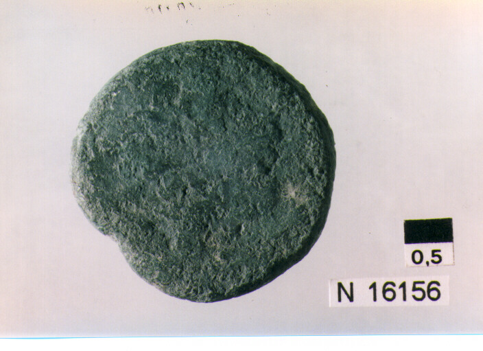 R/ testa di giove laureata a destra, dietro segno del valore; V/ illeggibile (moneta, semisse) (sec. III a.C)