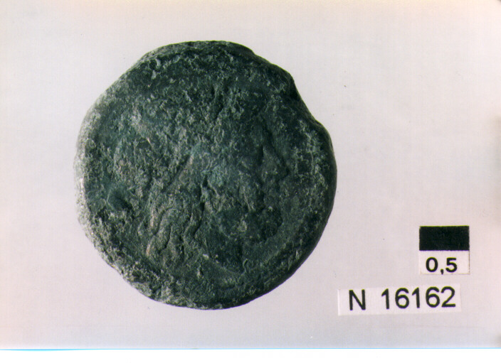 R/ testa di Giove laureata a destra dietro segno del valore; V/ prua di nave a destra, sopra segno del valore, sotto iscrizione (moneta, semisse) (sec. III a.C)