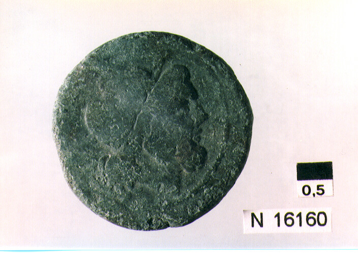 R/ testa di Giove laureata a destra, dietro segno del valore; V/ prua a destra sopra segno del valore, sotto iscrizione (moneta, semisse) (sec. III a.C)