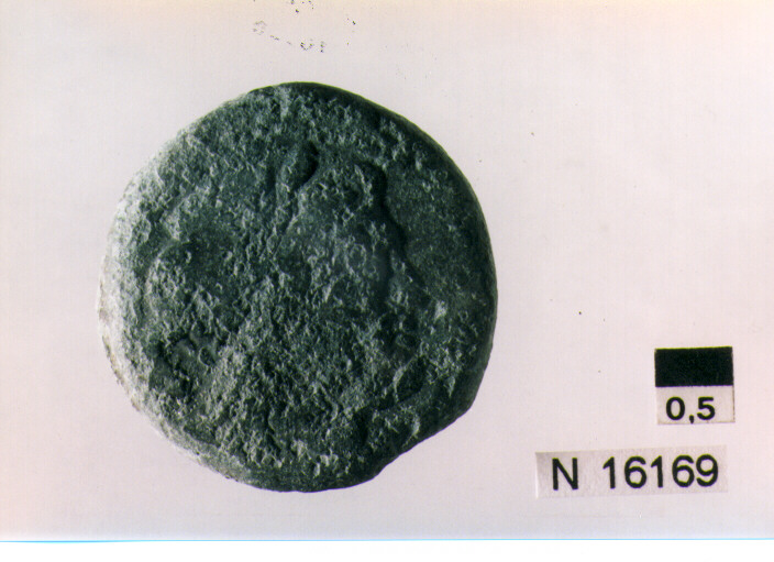 R/ testa di Giove laureato a destra dietro segno del valore; V/ prua a destra, sotto iscrizione (moneta, semisse) (sec. III a.C)