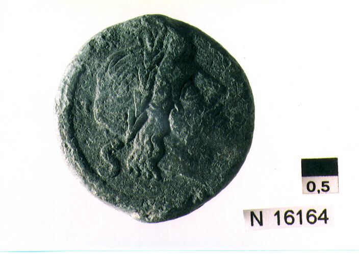 R/ testa laureata di Giove a destra, dietro segno del valore; V/ prua a destra, sopra segno del valore, sotto iscrizione (moneta, semisse) (sec. III a.C)