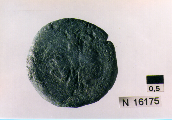 R/ testa laureata di Giove a destra, dietro segno del valore; V/ prua di nave a destra, sopra segno del valore, sotto iscrizione (moneta, semisse) (sec. III a.C)