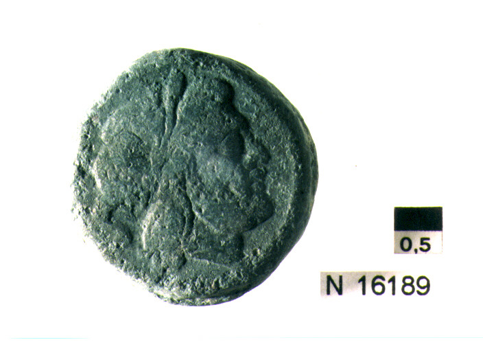 R/ testa di Giove laureato a destra dietro segno del valore; V/ prua di nave a destra, sopra segno del valore, sotto iscrizione (moneta, semisse) (sec. III a.C)