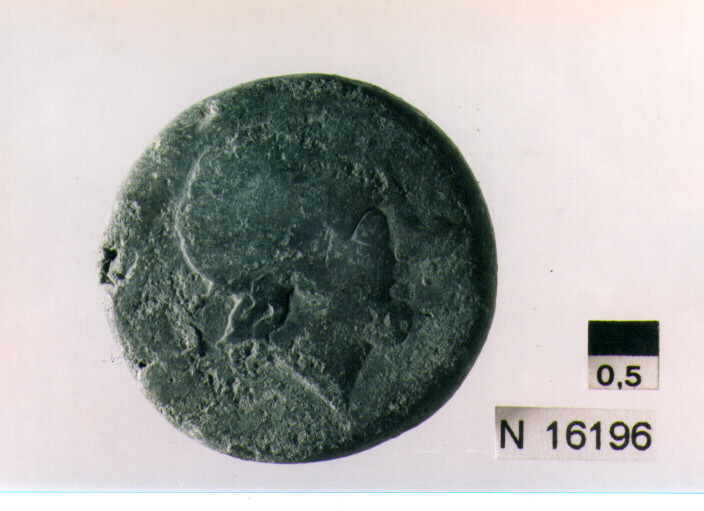 R/ testa di Giove laureato a destra, dietro segno del valore; V/ prua di nave a destra, sotto iscrizione (moneta, semisse) (sec. III a.C)