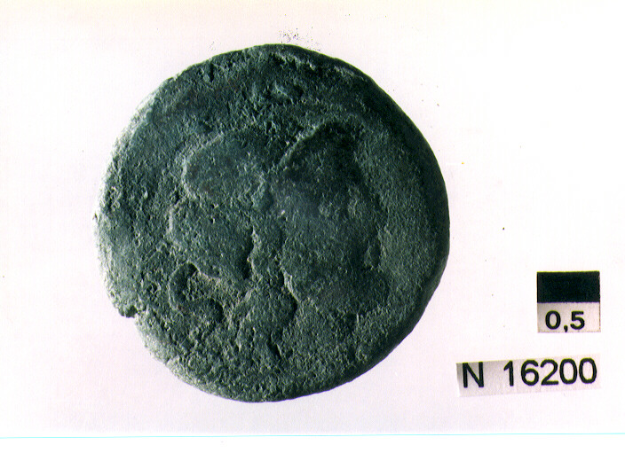 R/ testa di Giove laureato a destra, dietro segno del valore; V/ prua di nave a destra, sopra segno del valore (moneta, semisse) (sec. III a.C)