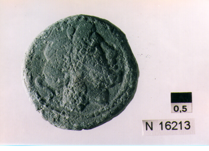 R/ testa di Giove laureato a destra, dietro segno del valore; V/ prua di nave a destra, sopra segno del valore, sotto iscrizione (moneta, semisse) (sec. III a.C)