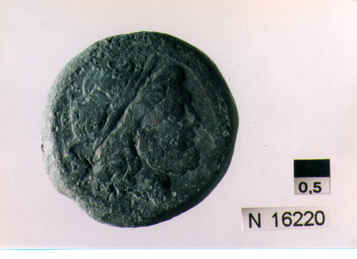 R/ testa di Giove laureata a destra, dietro segno del valore; V/ prua di nave a destra, sopra segno del valore, sotto iscrizione (moneta, semisse) (sec. III a.C)