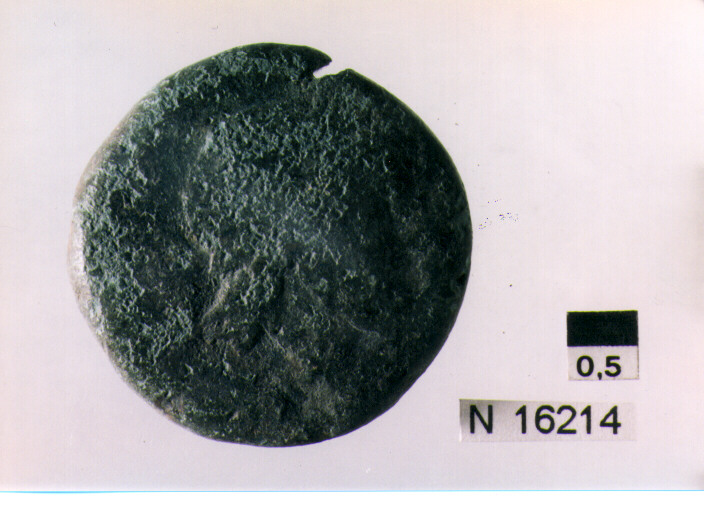 R/ testa di Giove laureato a destra; V/ prua di nave a destra, sopra segno del valore, sotto iscrizione (moneta, semisse) (sec. III a.C)