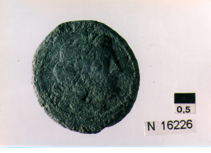 R/ testa di Giove laureato a destra, dietro segno del valore; V/ prua di nave a destra, sopra segno del valore, sotto iscrizione (moneta, semisse) (sec. III a.C)