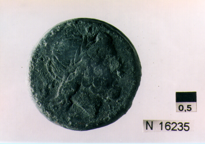 R/ testa di Giove laureata a destra, dietro segno del valore; V/ prua di nave a destra, sopra segno del valore, sotto iscrizione (moneta, semisse) (sec. III a.C)