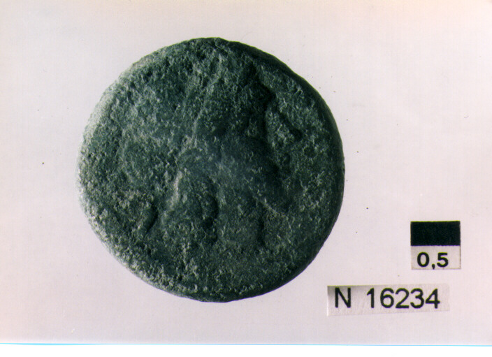 R/ testa di Giove laureato a destra, dietro segno del valore; V/ prua di nave a destra, sopra segno del valore, sotto iscrizione (moneta, semisse) (sec. III a.C)