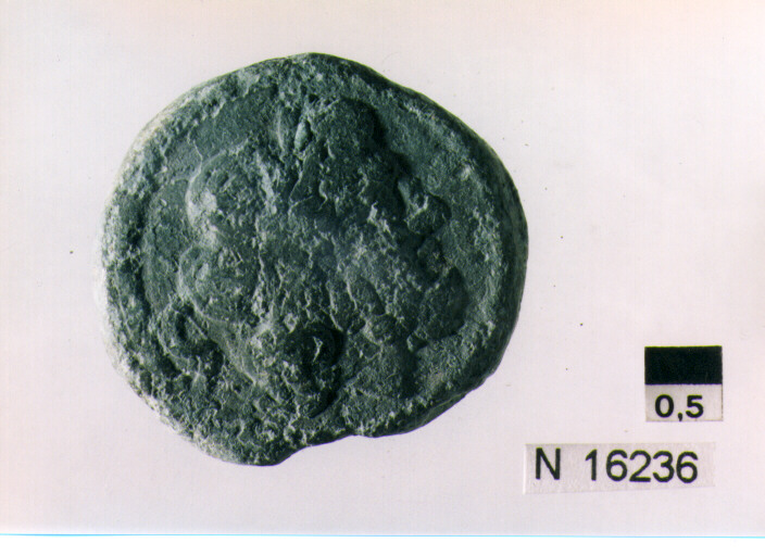 R/ testa di Giove laureato a destra, dietro segno del valore; V/ prua di nave a destra, sopra segno del valore, sotto iscrizione (moneta, semisse) (sec. III a.C)