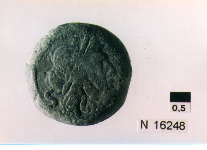 R/ testa di Giove laureato a destra dietro segno del valore; V/ prua di nave a destra, sotto iscrizione (moneta, semisse) (sec. III a.C)