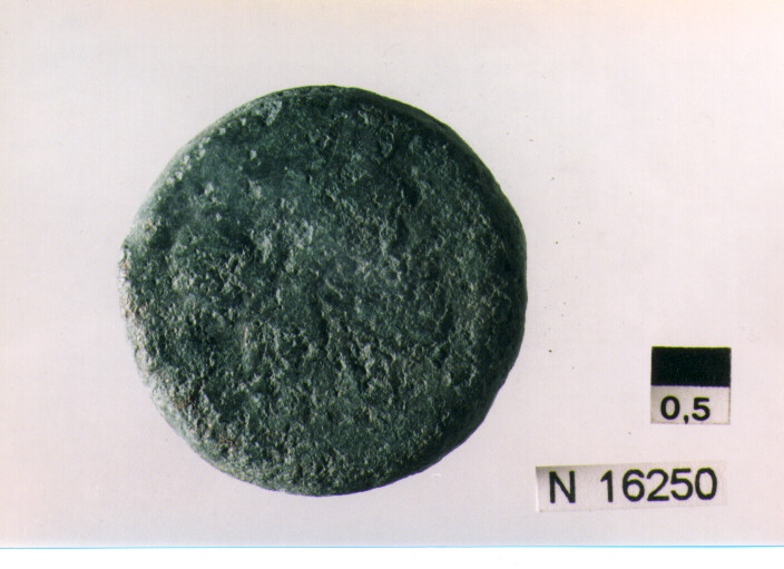 R/ testa di Giove laureato a destra dietro segno del valore; V/ prua di nave a destra sopra segno del valore, sotto iscrizione (moneta, semisse) (sec. III a.C)