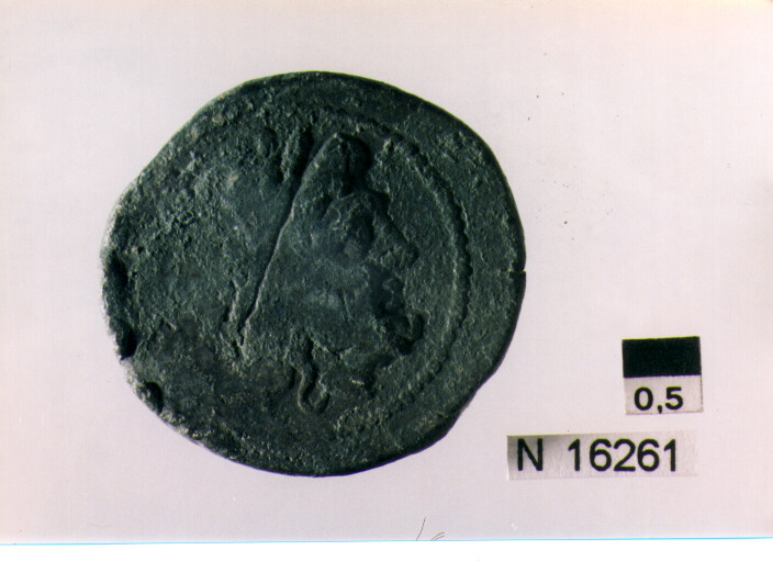 R/ testa di Giove laureato a destra; V/ prua di nave a destra sopra segnodel valore (moneta, semisse) (sec. III a.C)