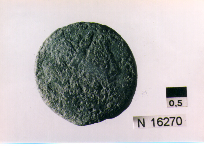 R/ testa di Giove laureato a destra dietro segno del valore; V/ prua di nave a destra sopra segno del valore, sotto iscrizione (moneta, semisse) (sec. III a.C)