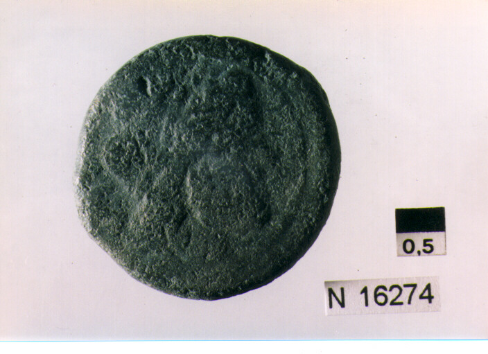 R/ testa di Giove laureato a destra dietro segno del valore; V/ prua di nave a destra sopra segno del valore, sotto iscrizione (moneta, semisse) (sec. III a.C)