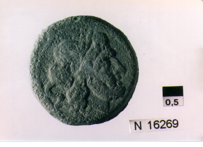 R/ testa di Giove laureato a destra dietro segno del valore; V/ prua di nave a destra sopra segno del valore, sotto iscrizione (moneta, semisse) (sec. III a.C)