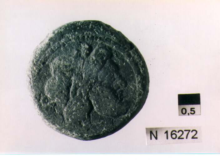 R/ testa di Giove laureato a destra; V/ prua di nave a destra sopra segnodel valore, sotto iscrizione (moneta, semisse) (sec. III a.C)