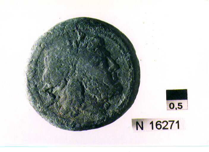 R/ testa di Giove laureato a destra dietro segno del valore; V/ prua di nave a destra sopra segno del valore, sotto iscrizione (moneta, semisse) (sec. III a.C)