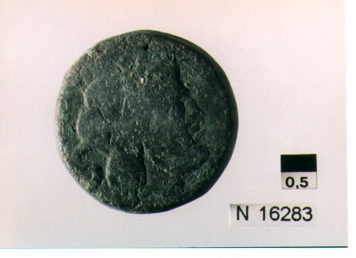 R/ testa di Giove laureato a destra dietro segno del valore; V/ prua di nave a destra sopra segno del valore, sotto iscrizione (moneta, semisse) (sec. III a.C)